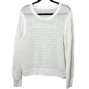 Evereve Open Knit Mesh Crewneck Sweater Cream Size XL Coastal